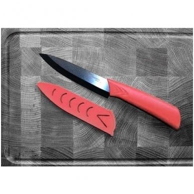 Keraminis peilis, baltas (12,5 cm) su raudona rankena ir įmaute