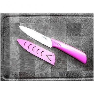 Keraminis peilis, baltas (12,5 cm) su rožine rankena ir įmaute
